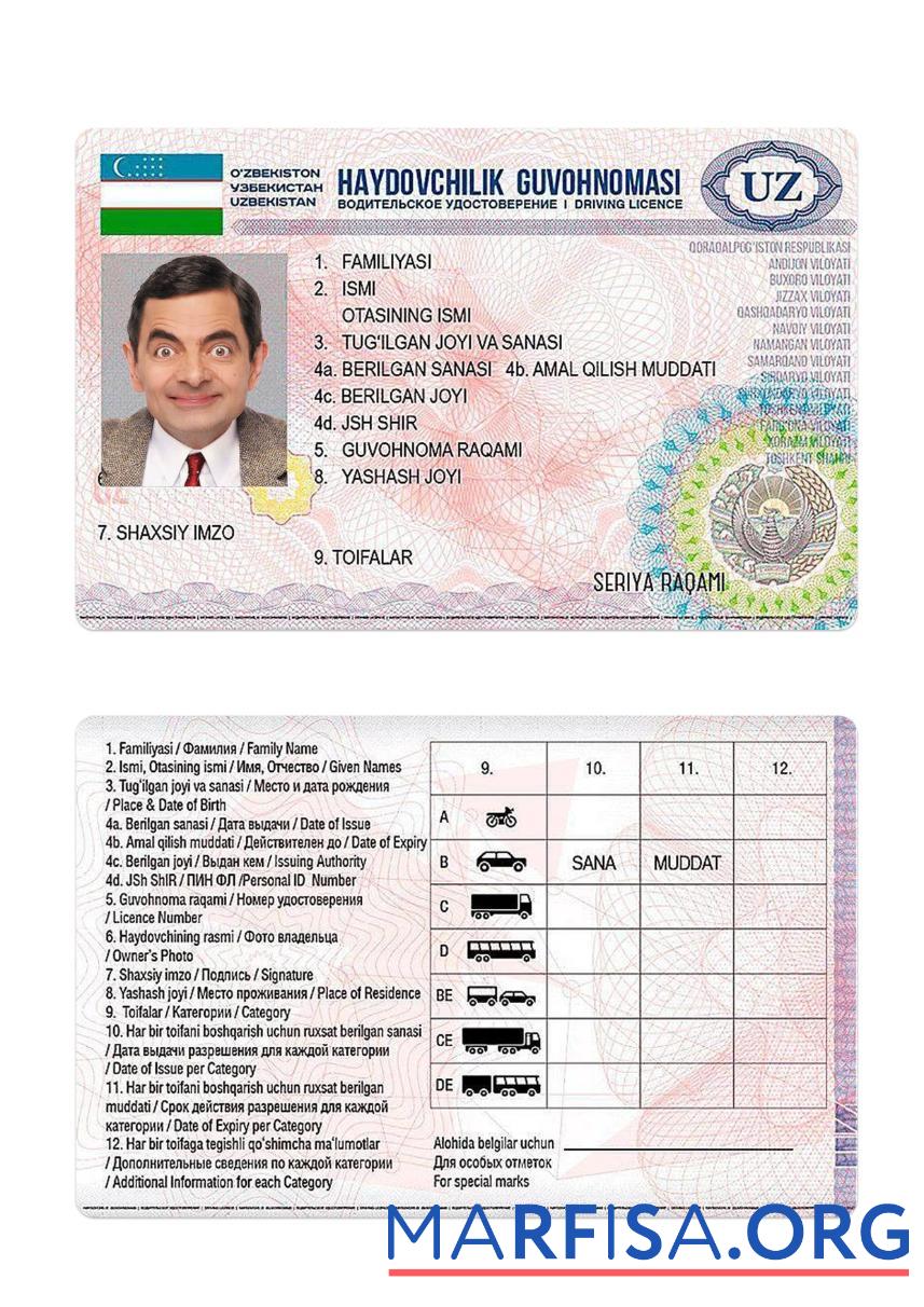 Blank Uzbekistan driving license 2017 present real example